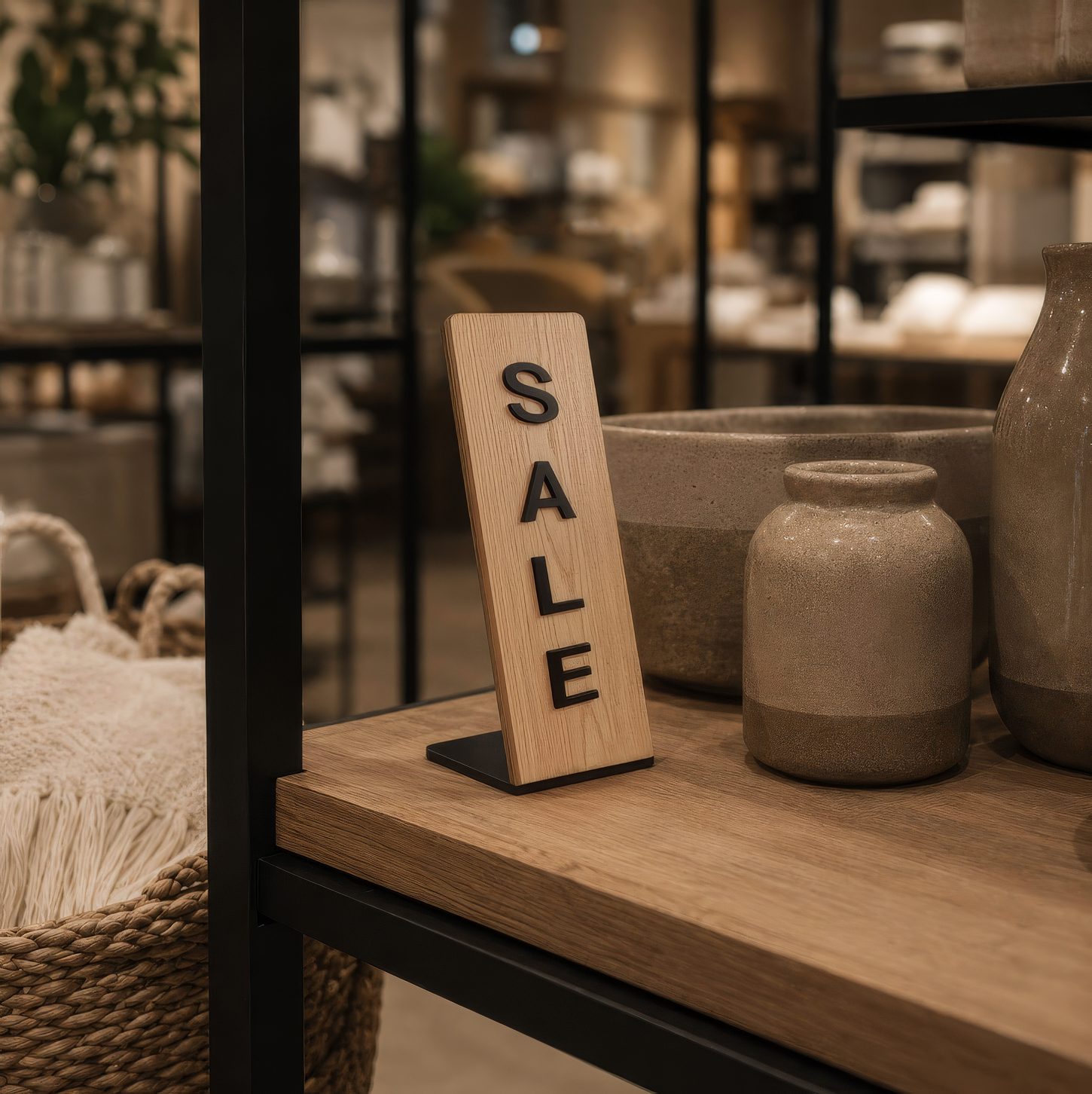 The Estia sale label standing on a store shelf beside stoneware vases